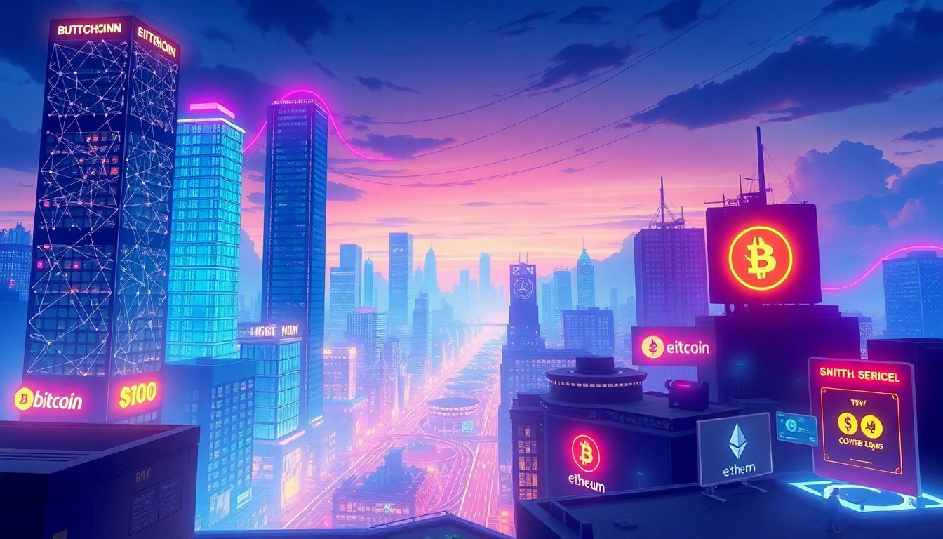 Visualize a vibrant futuristic city highlighting the influence of Crypto through neon skyscrapers and digital wallets.